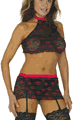 Heart Embroidered Top Garter Skirt and G-String