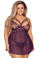 Eyelash Lace Stretch Mesh Babydoll and Thong