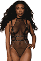 Fishnet Teddy and Faux-Leather Harness Set