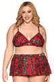 Rose and Plaid Printed Bralette and Mini Skirt
