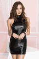 High Neck Button Clasp Closures Wet Look Dress